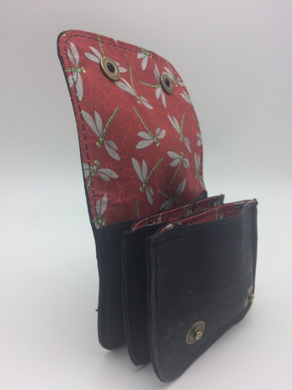 porte-monnaie en liege porte-cartes en liege, noir, motif libellule rouge
